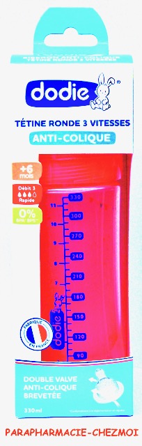 DODIE BIBERON ANTI-COLIQUE  DEUXIÈME ÂGE MOTIF LAPIN ROSE DE 330 ML