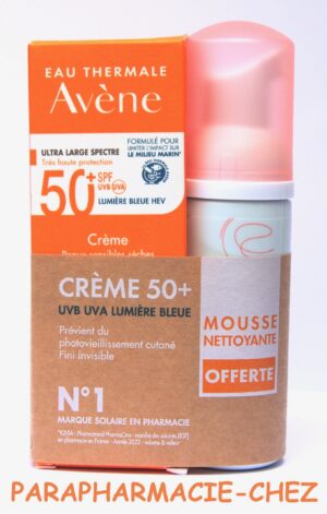 OFFRE PROMOTIONNELLE : AVENE CRÈME SOLAIRE SPF 50+ ULTRA HAUTE PROTECTION +MOUSSE NETTOYANTE